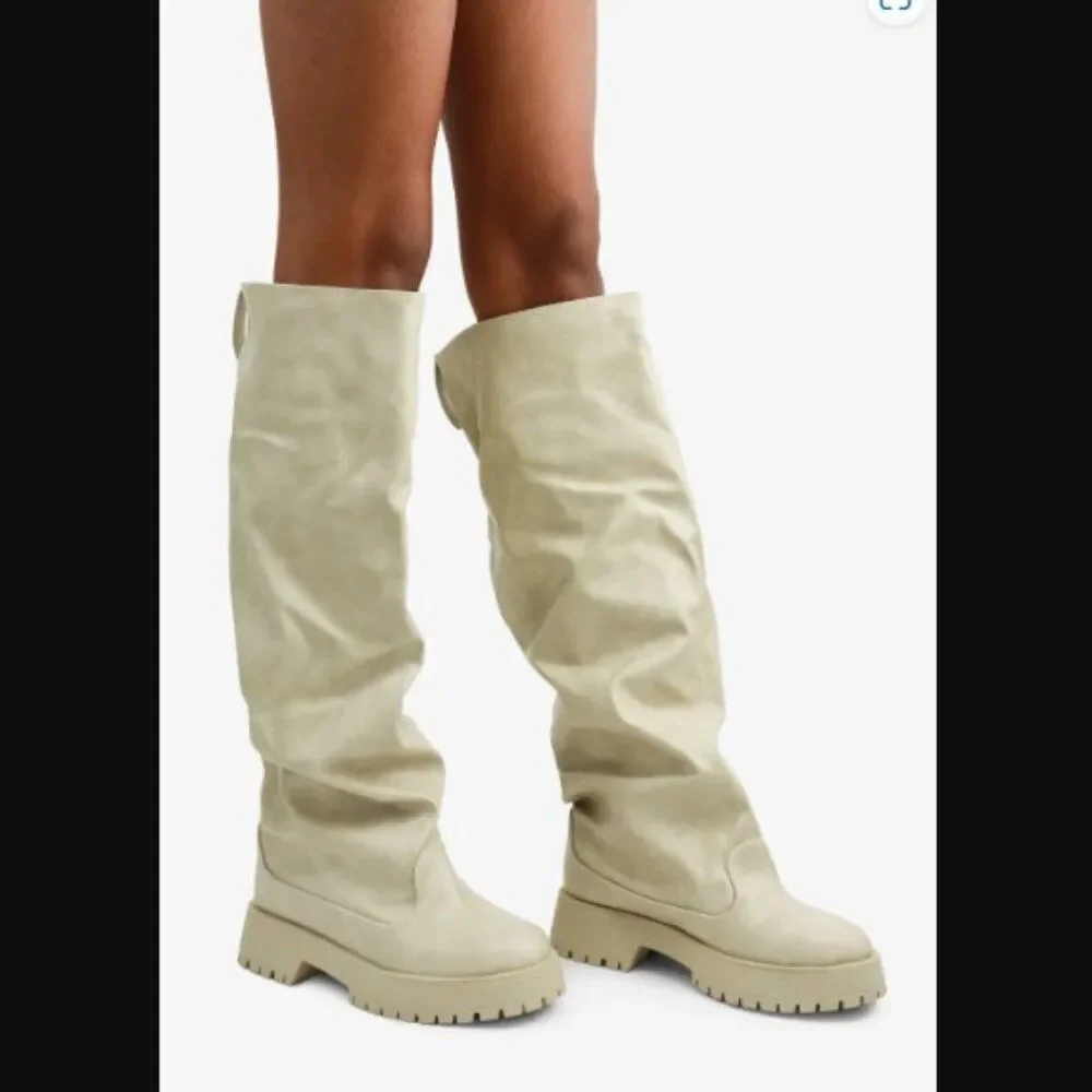 OFF WHITE CREAM DISTRESS OVER THE KNEE CRUNCH BOOT